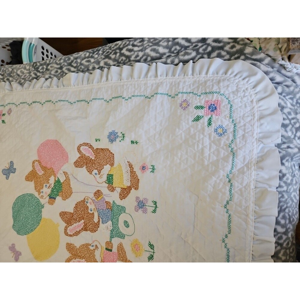 Handmade Baby Blanket Embroidered Cross Stitch Bunnies Ruffled Edge 42" X 33" - Picture 4 of 15
